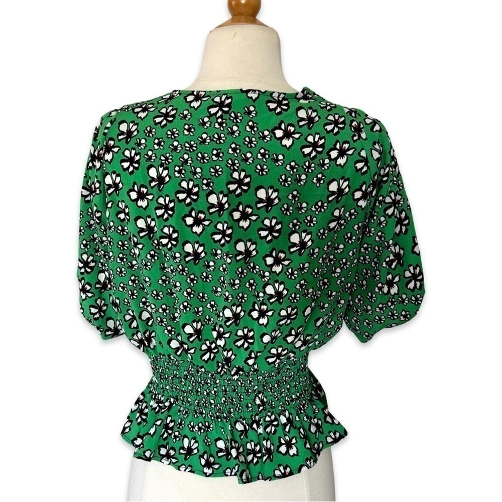 Topshop Green Floral Top Tie Front Peplum Top V-Neck - Picture 7 of 9